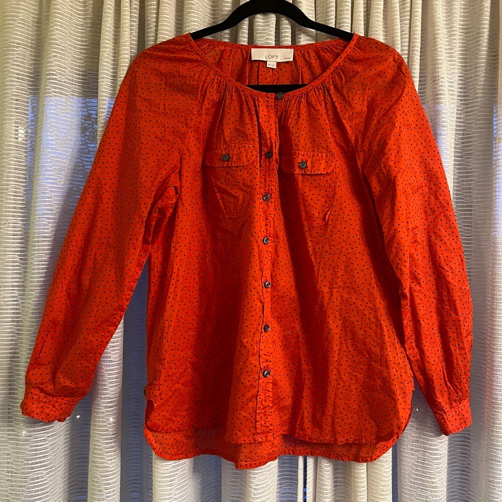 Loft Red-Orange Polka Dot Side-Split Button-Down … - image 1
